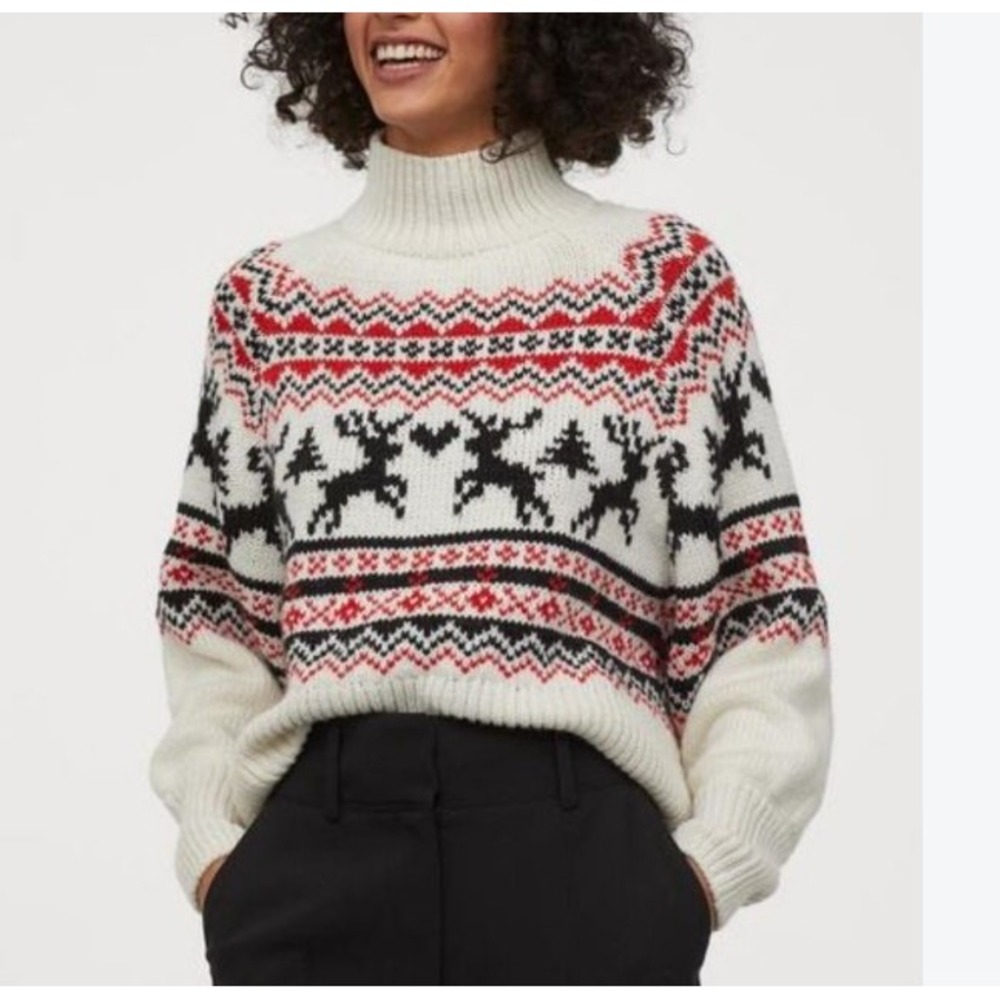 H&M Women SZ S Chunky Fair Isle Sweater Reindeer Print winter holiday ski cabin